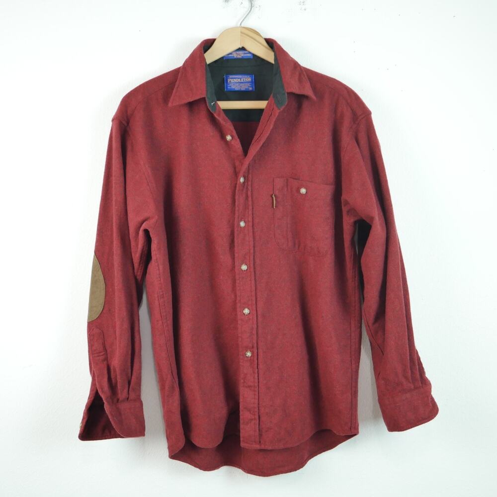 Pendleton Men's Medium Button Down Shirt Elbow Patch Burgundy‎ Red 100% Wool